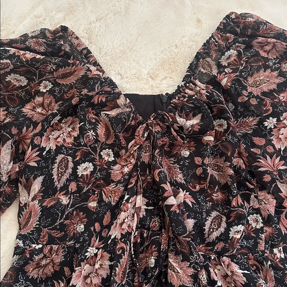 Madewell Black Floral Puff-Sleeve Dress with Pink, Maroon and Cream Blooms, 12 - Picture 3 of 16